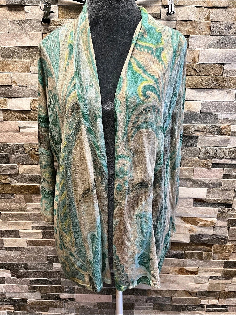 Chico's Paisley Open Front Cardigan in Green & Brown